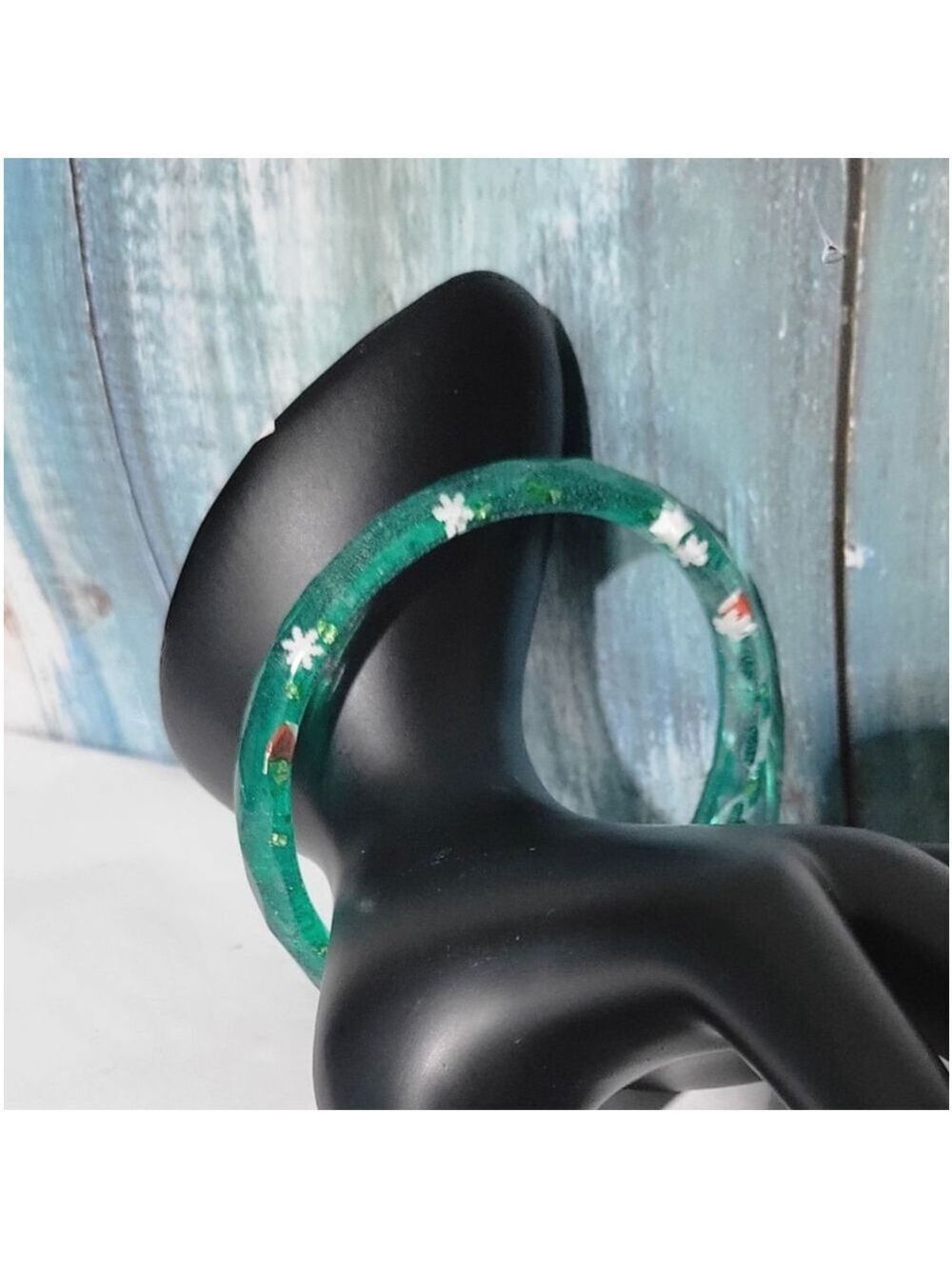 Handcrafted Resin Bracelet Green Glitter Mitten Snowflake Santa